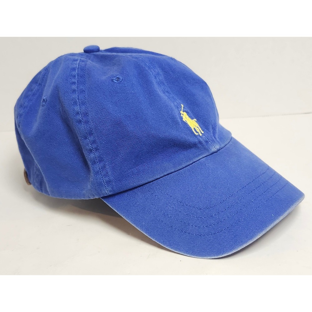 Vintage Polo Ralph Lauren Blue Baseball Cap Yellow Pony Leather Strap Hat